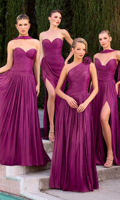 Four women by a poolside wear matching Ladivine CD415 long prom dresses in mulberry, each featuring pleated chiffon skirts and varied necklines, including an elegant one-shoulder A-line formal style.