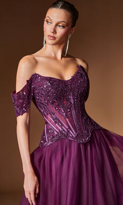 A woman poses against a brown background in the Ladivine CD657 long prom dress, featuring a deep purple off-shoulder design with a corset bodice, intricate beadwork, and a flowing tulle skirt.