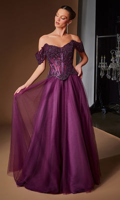 A woman stands against a brown background wearing the Ladivine CD657 Long Prom Dress in eggplant—an off-the-shoulder, floor-length ball gown featuring a corset bodice and flowing tulle skirt.