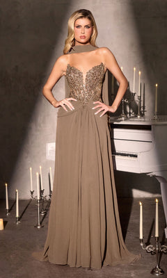 A woman in a mocha Ladivine CD673 long prom dress with a strapless beaded corset bodice stands by a white piano, surrounded by lit candles in a dimly lit room.