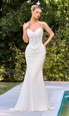 A woman in the off-white Long Wedding Dress: Ladivine CD683W, featuring a strapless sweetheart neckline and chiffon skirt, poses by a pool outdoors with greenery in the background.