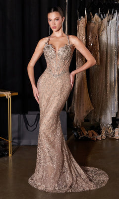 A woman poses in a fitted, floor-length mocha Sequin-Embroidery Halter Prom Gown (Ladivine CD695) adorned with crystal-beaded detailing, standing before a rack of similar long sequin prom dresses and high-heeled shoes.