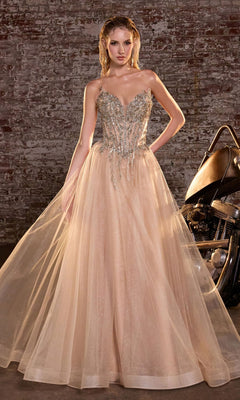 A woman in the Lace-Up Strapless Prom Ball Gown: Ladivine CD721, featuring a beaded corset and glitter tulle, stands beside a motorcycle against a brick wall.