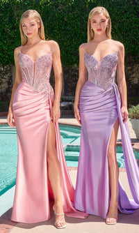 Two women stand by a pool in strapless Side-Drape Prom Gowns, Ladivine CD722—one pink, one lavender—with beaded bodices and draped skirts, each gown featuring a thigh-high slit for an elegant formal look.