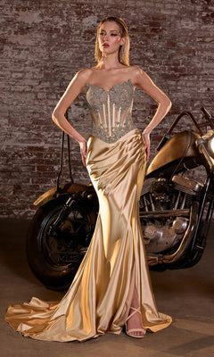 A woman wearing the Ladivine CD736 strapless long corset prom dress stands in front of a vintage motorcycle and a brick wall.
