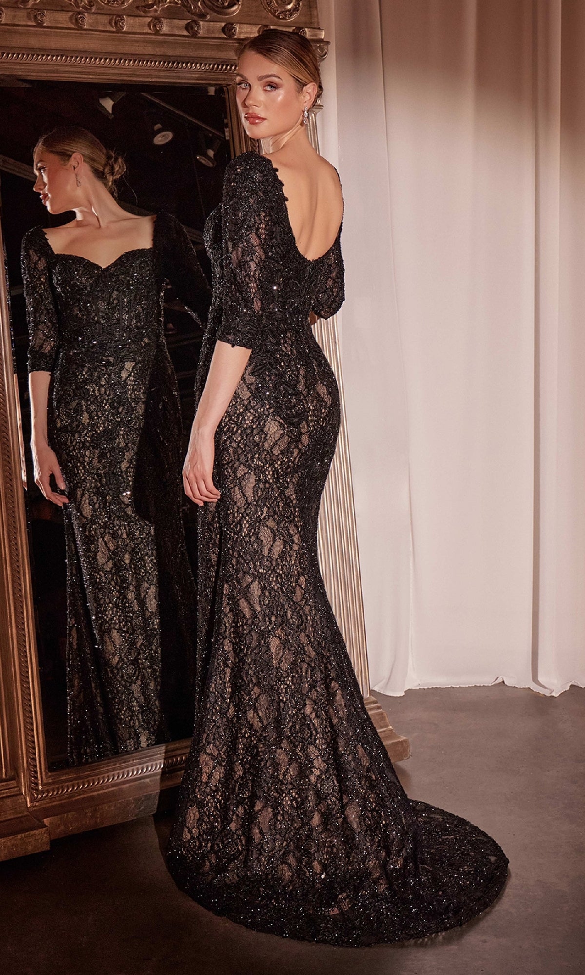 Long-Sleeve Long Lace Formal Dress with Overskirt– PromGirl