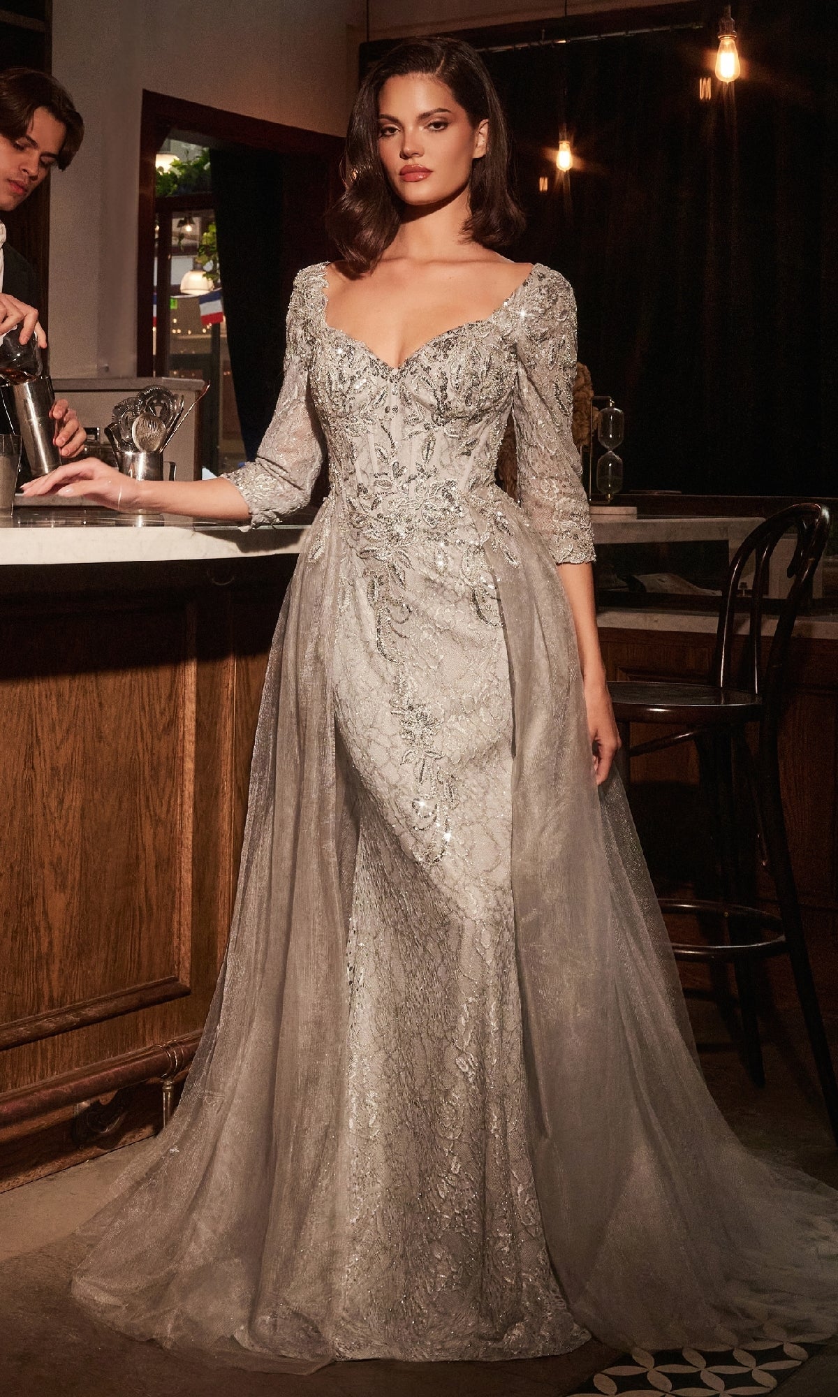 Long-Sleeve Long Lace Formal Dress with Overskirt Black Nude / 10