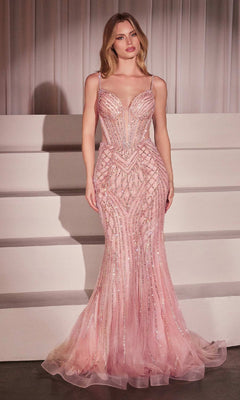 A woman stands on white steps wearing the Ladivine CD759 Long Beaded Mermaid Prom Dress in blush pink with thin straps, as white drapery hangs in the background.