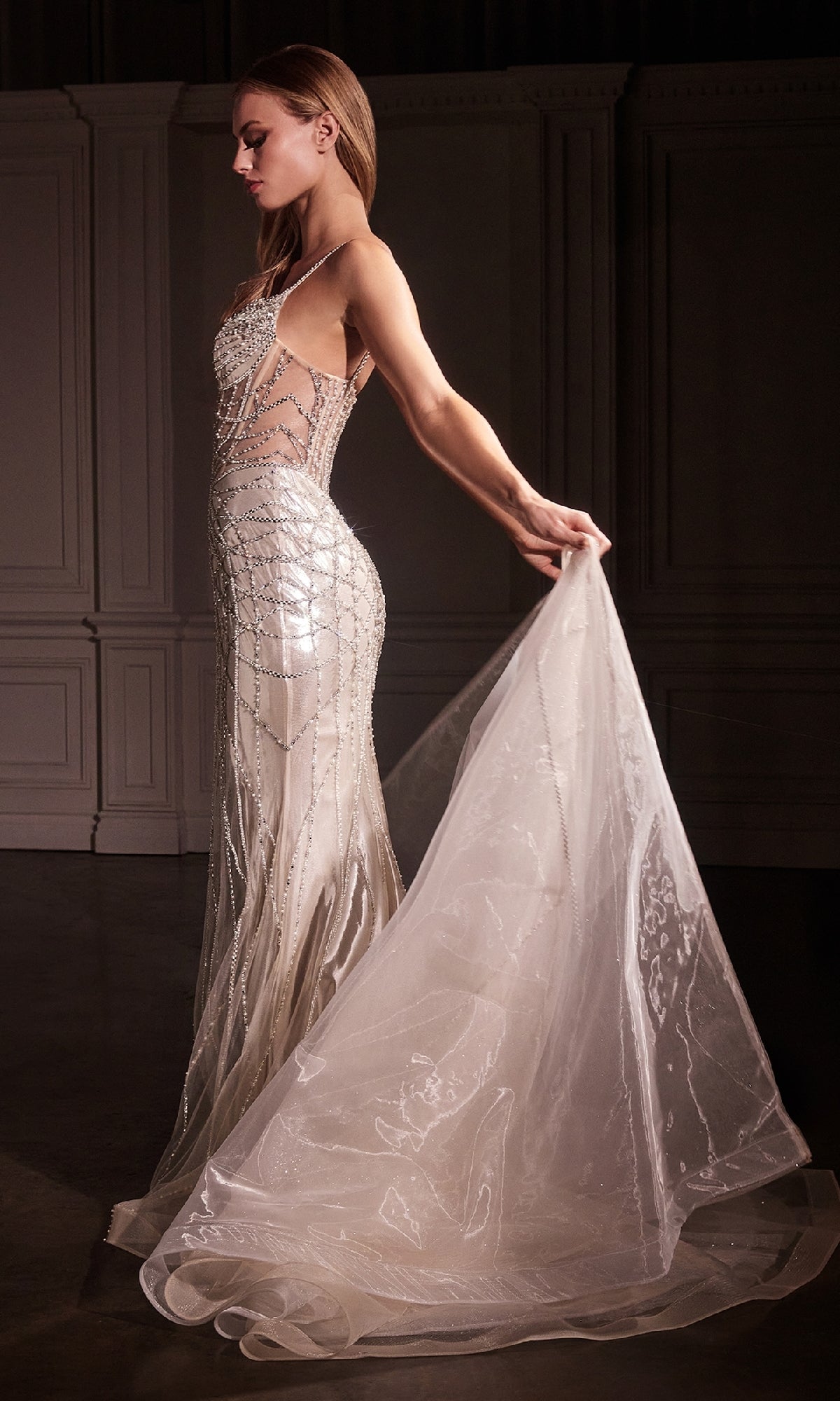 A woman stands in profile in a dimly-lit room, holding the train of the Overskirt Long Glitter Prom Dress: Ladivine CD763, featuring a fitted silhouette with beaded details and a sheer, removable overskirt.