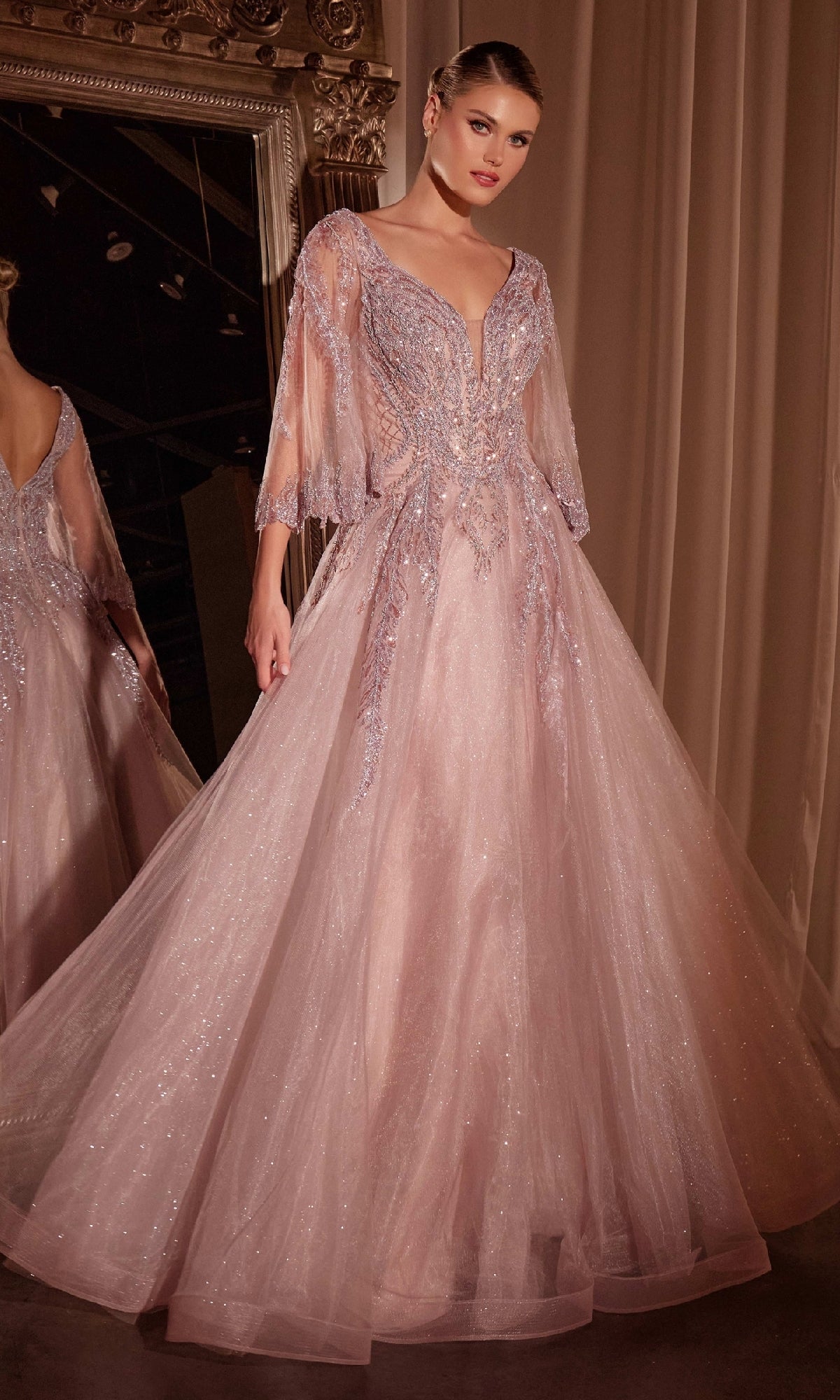 Beaded Long A-Line Mauve Formal Dress with Sleeves