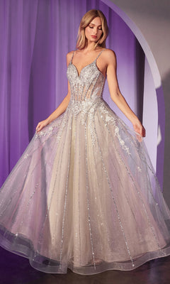 A woman poses in front of a purple-lit backdrop wearing the Ladivine CD786, a floor-length Crystal-Beaded Long Prom Dress with a fitted bodice and sheer panels.