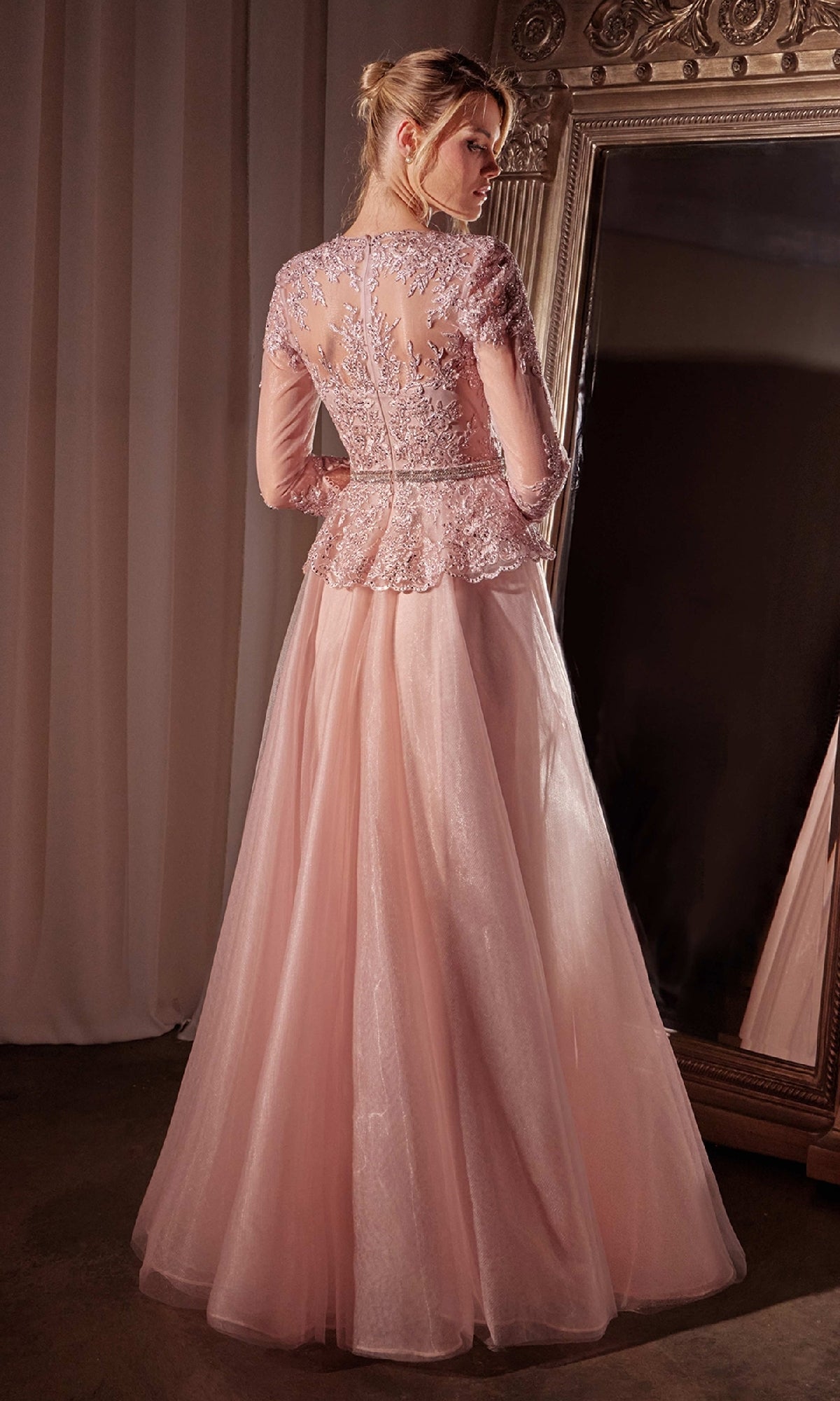 Dusty Rose Pink Long Formal Dress with Sheer Sleeves