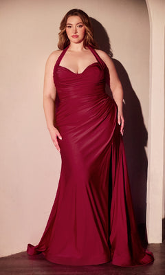 A woman models the Plus-Size Long Halter Prom Dress: Ladivine CD796C, standing against a neutral wall beneath a softly lit archway.
