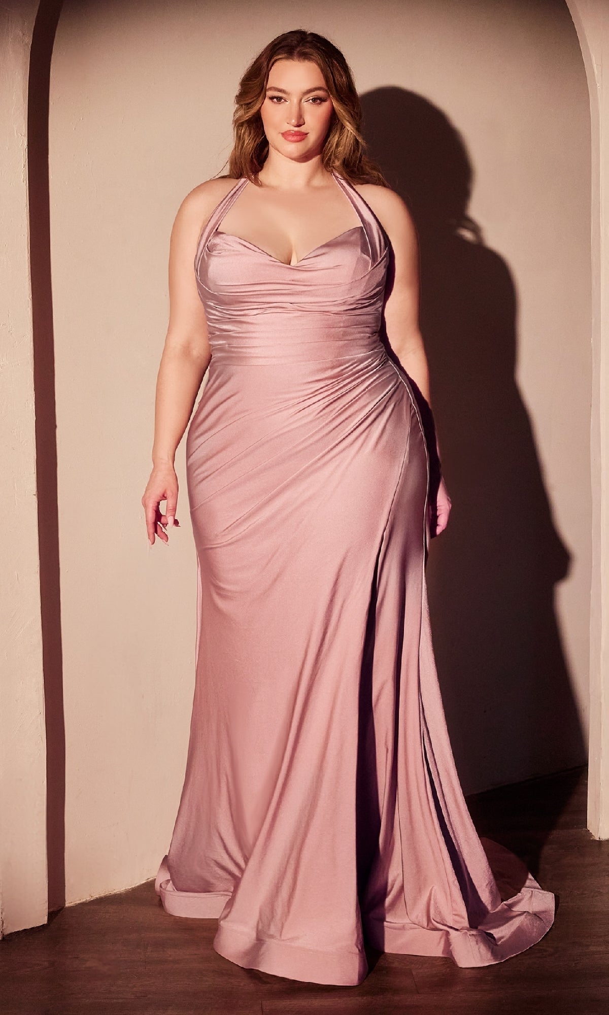 Plus-Size Long Prom Dress with Halter Bodice Nude Gold / 18 Plus-Size Long Prom Dress with Halter Bodice Nude Gold / 18