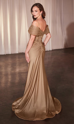 A woman wearing the Sheer Lace-Bodice Long Prom Dress (CLCD798) stands on a dark floor, facing away and glancing over her shoulder, with pale curtains in the background.