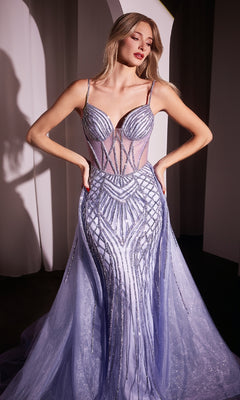 A woman poses in the Beaded Overskirt Long Formal Prom Dress CD863, a fitted sheer lilac gown with intricate silver beading and a flowing train, against a neutral background.