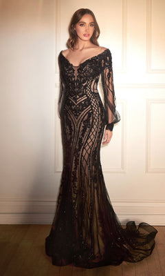 A woman wears the Long-Sleeve Long Embellished Formal Dress CLCD864, a black sheer evening gown with intricate lace and bead detailing, off-the-shoulder sleeves, and a fitted silhouette.