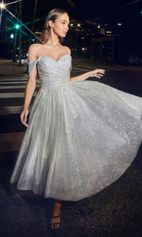 Tea-Length Off-Shoulder Glitter Dress CD869W