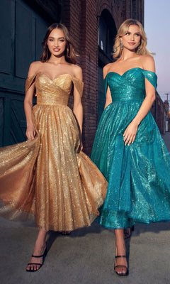 Two women stand outdoors in Glitter Tea-Length Off-Shoulder Hoco Dress CD870—one in gold glitter, the other in teal—both styled with black heeled sandals.