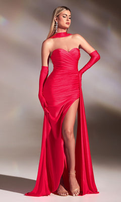 Woman in the Choker Long Prom Dress with Gloves CD886, featuring a strapless bright red design with a thigh-high slit, matching gloves, and statement earrings, poses in nude heels against a neutral background.