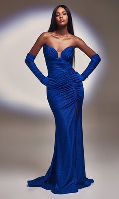 A woman wears the Strapless Long Glitter Prom Dress with Gloves CD889, featuring ruched details and a thigh-high slit, against a neutral background—an elegant and affordable formal dress option.