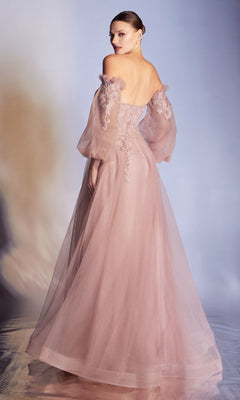 A woman shines in the Strapless Puff-Sleeve Long Prom Dress CD948, featuring a sweetheart neckline, removable puff sleeves, and a stunning pink hue.