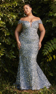 A woman stands outdoors before green foliage, wearing the Plus-Size Sequin Mermaid Prom Dress CD975C featuring an off-the-shoulder neckline, fitted bodice, and flared mermaid skirt.