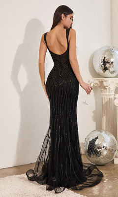 A woman in the Art-Deco Beaded Long Prom Dress CD990 stands with her back to the camera, holding a champagne glass near two disco balls and a white column.