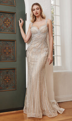 A woman in the Art-Deco Beaded Long Prom Dress CD990 stands indoors by a green decorative door and a white wall with tall windows.