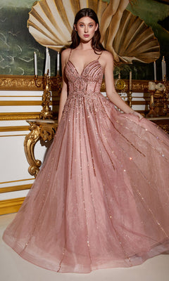A woman wearing the Long A-Line Prom Dress with Sheer Bodice CD994 stands indoors before a gold ornate console table and a large seashell painting.