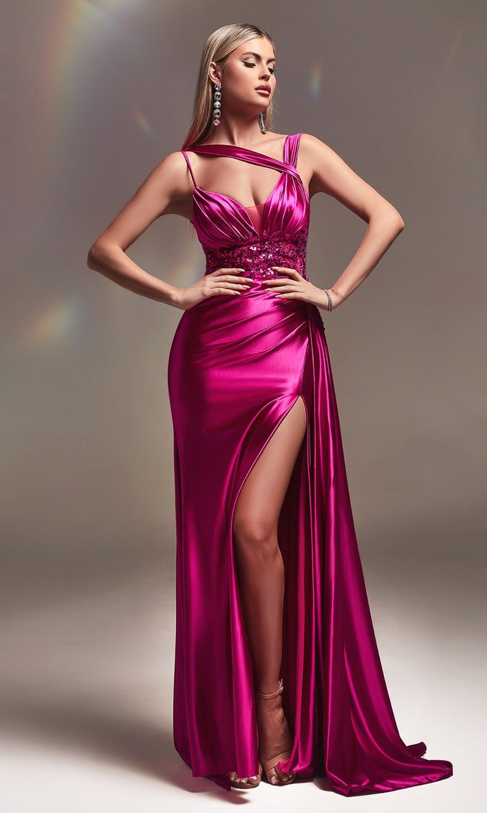 Long Satin Prom Dress with Side Drape CDS415