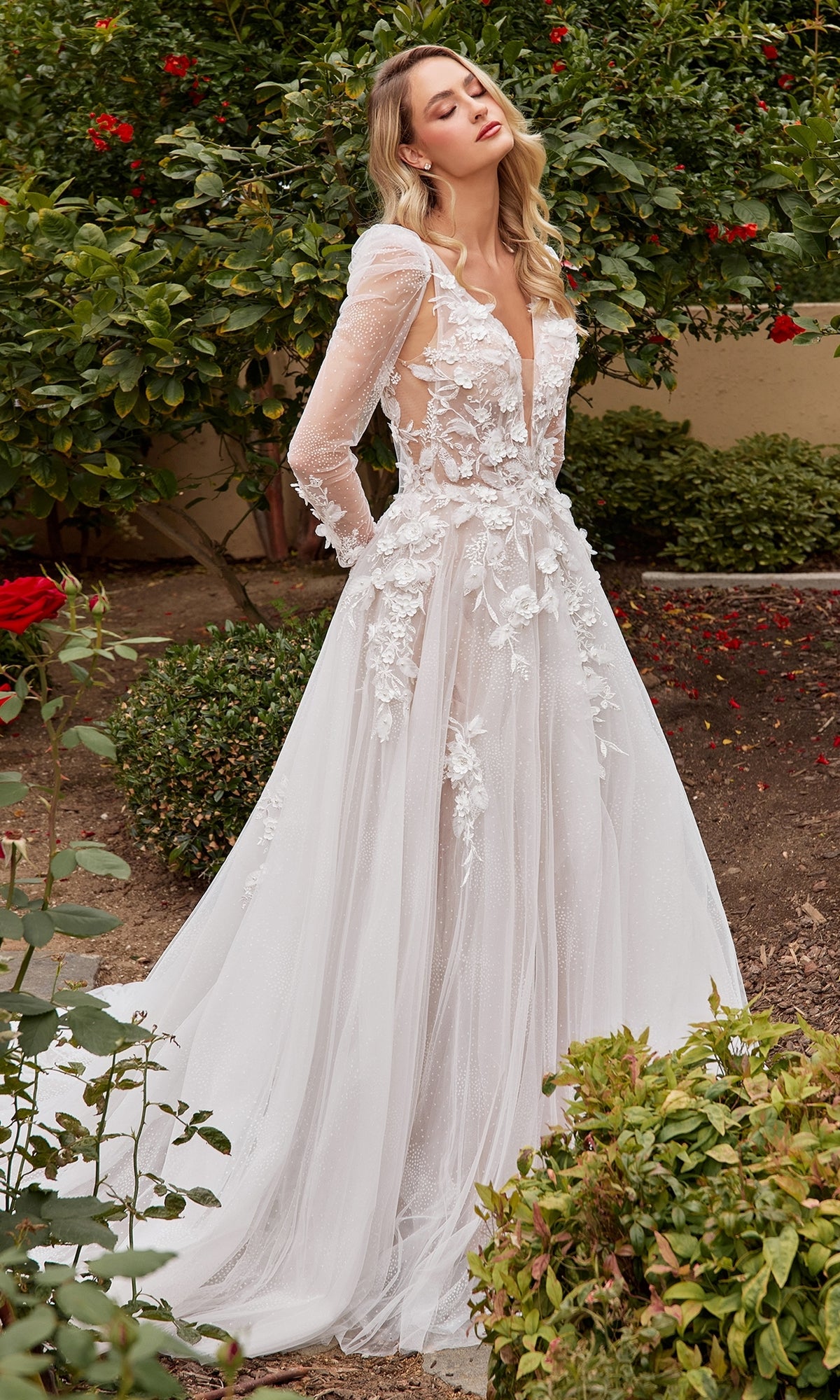 Long Sleeve Long White Wedding Dress CDS436W Off White Nude / 2
