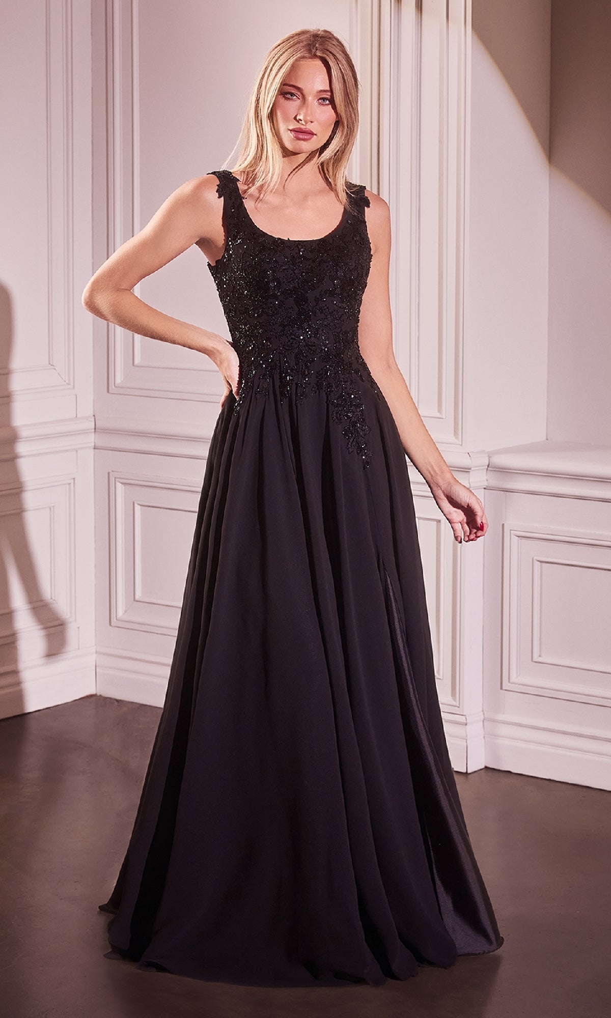 Long A-Line Formal Dress with Removable Beaded Capelet PromGirl