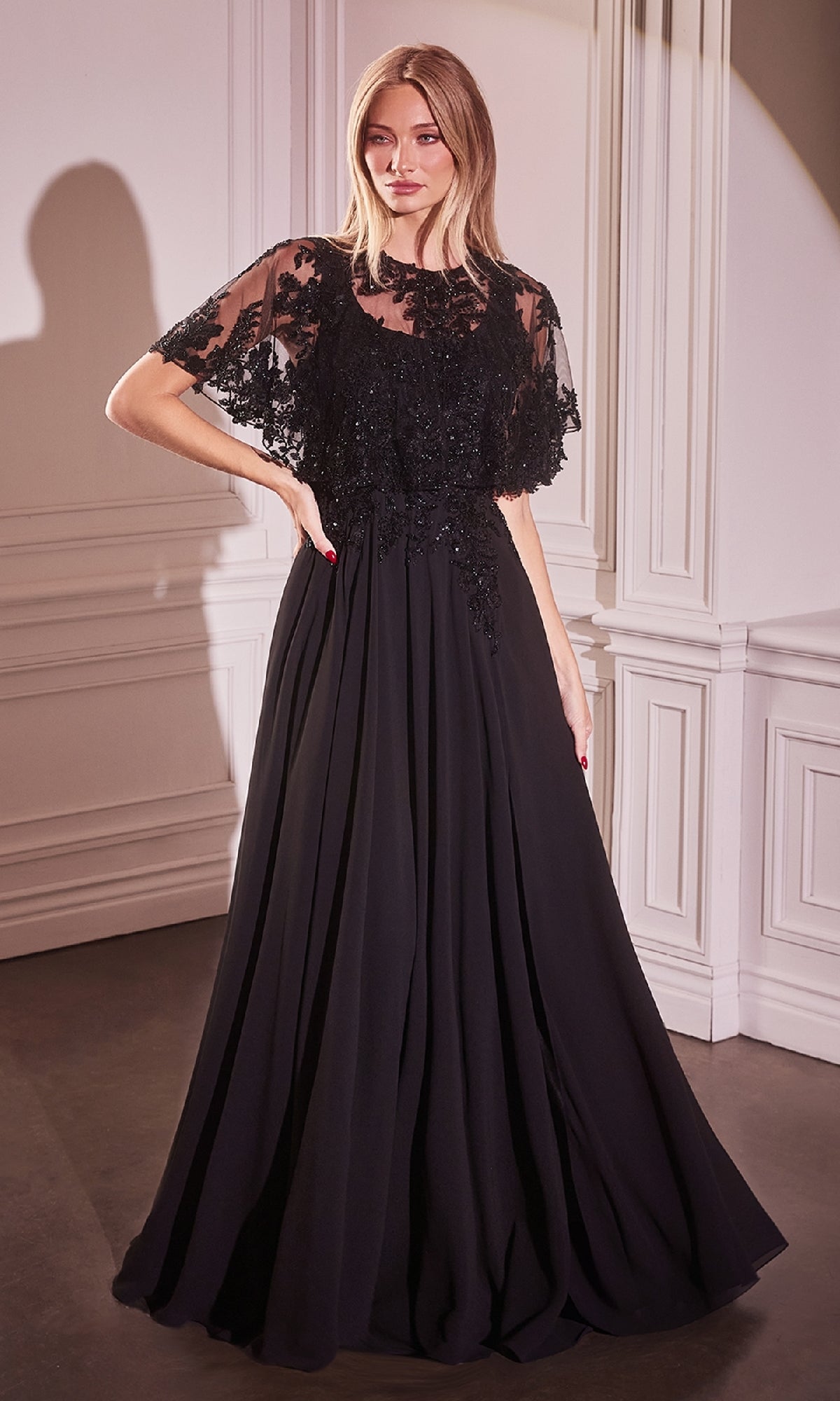 Beaded-Cape Long Formal Dress: Ladivine CDS503 Black / 6 Beaded-Cape Long Formal Dress: Ladivine CDS503 Black / 6