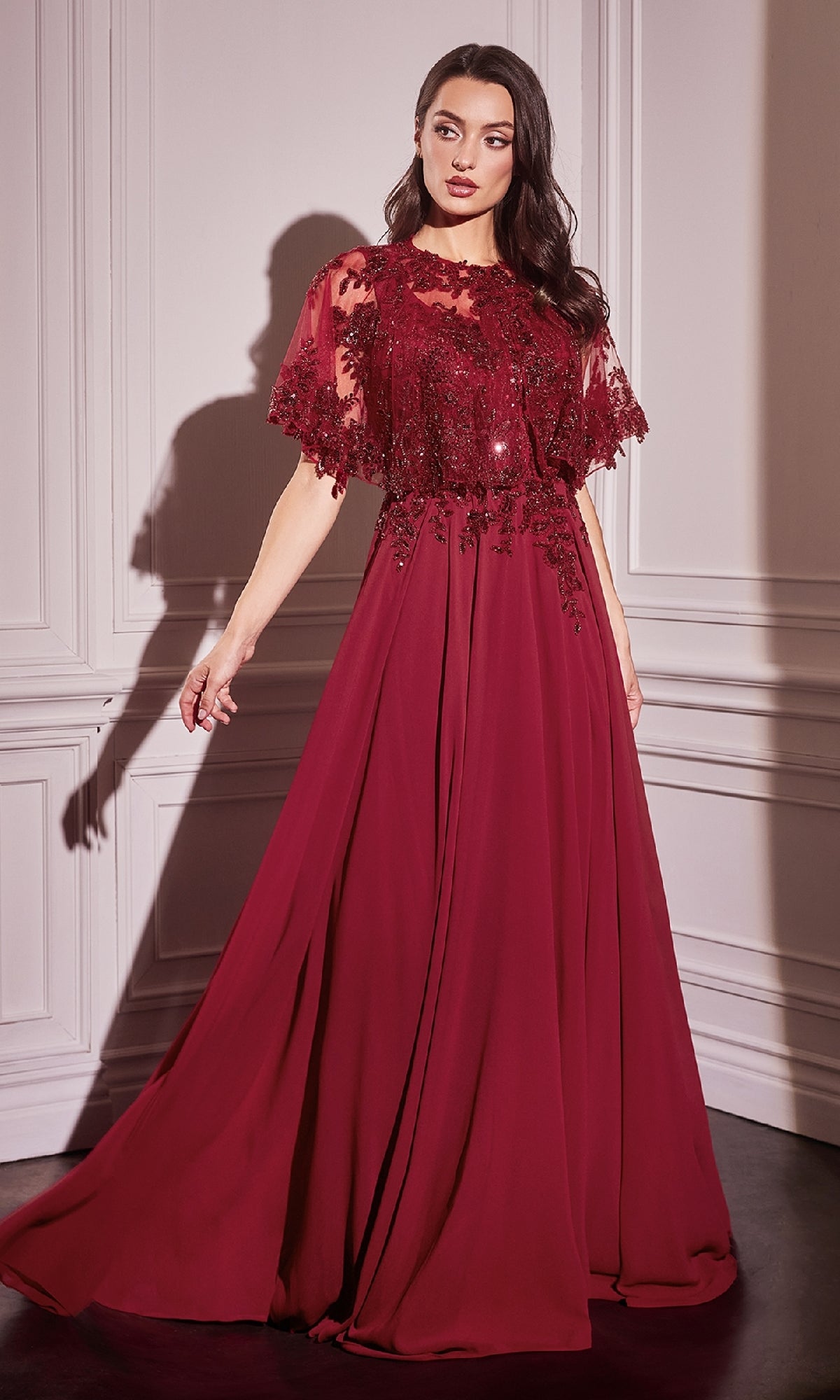 Long A-Line Formal Dress with Removable Beaded Capelet Burgundy / 10