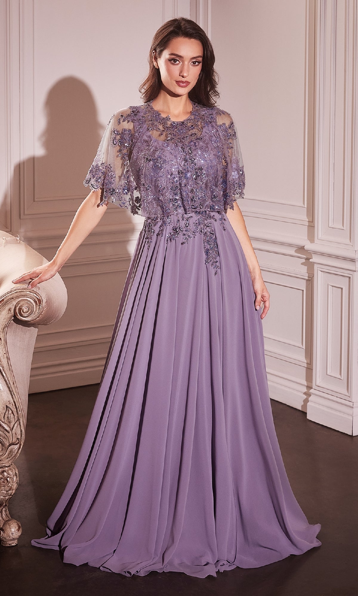 Long A-Line Formal Dress with Removable Beaded Capelet Navy / 4 Long A-Line Formal Dress with Removable Beaded Capelet Navy / 4