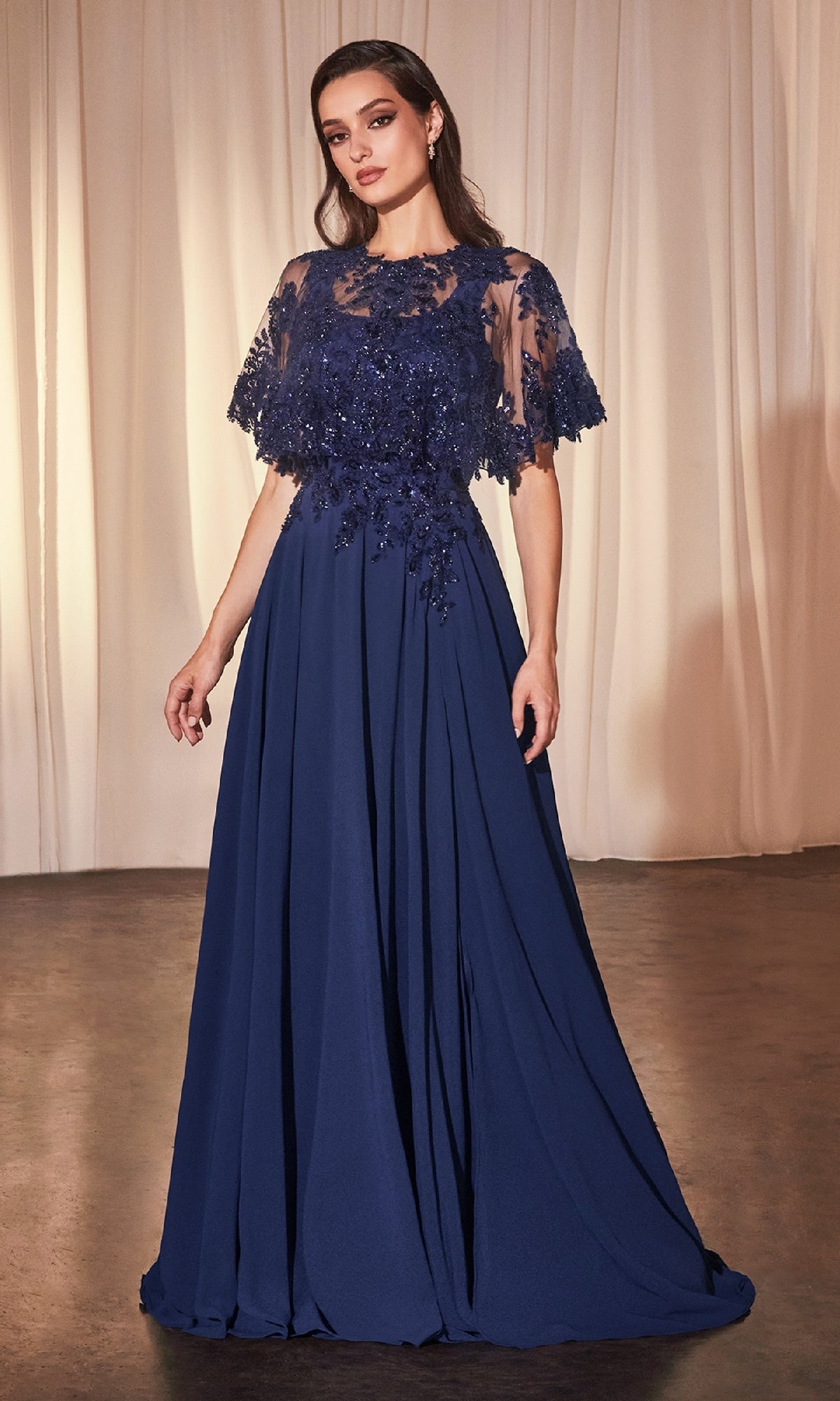 Long A-Line Formal Dress with Removable Beaded Capelet Navy / 12