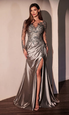 A woman stands indoors against a white wall, wearing the Ladivine CDS505—a long sleeve lavender formal dress—an elegant option that rivals any prom dress.
