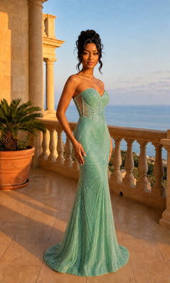 Wearing the Chicas CF001 Long Prom Dress, a woman in a mermaid silhouette aqua gown with a corset bodice stands on a terrace with stone columns, gazing at the sunset over the sea.