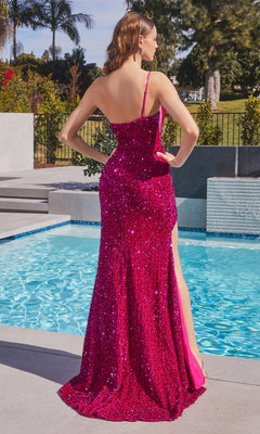 A woman in the One-Shoulder Long Sequin Prom Dress CH111, featuring a sparkly magenta hue and thigh slit, stands by a pool facing away from the camera on a sunny day.