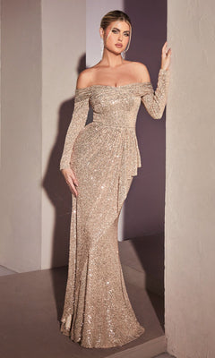 A woman poses against a wall in the Long Sleeve Long Sequin Prom Dress CH135, featuring elegant sequins and a chic silhouette—the ideal statement evening gown.