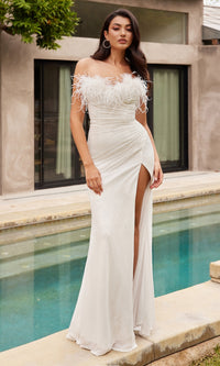 Feathered Strapless Long White Prom Dress CH147W