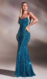 Sheer-Sides Strapless Long Sequin Prom Dress CH151