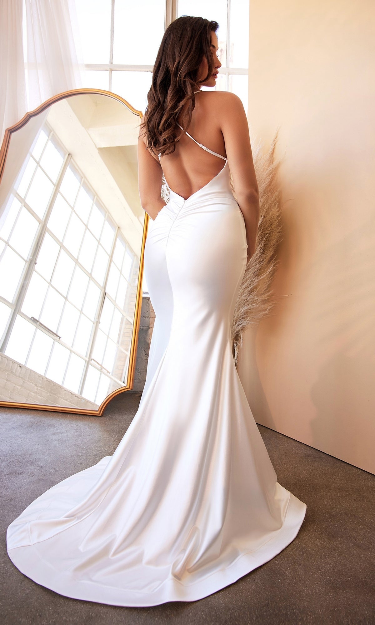 Long White Satin Prom Dress with Sash CH236W