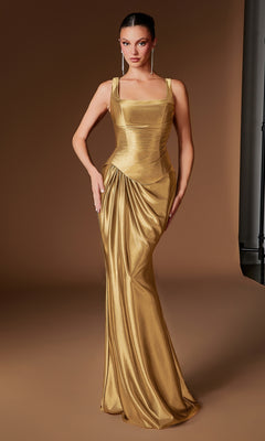 A woman wearing the Ladivine CH2604 long prom dress in gold, which features a form-fitting design with a pleated satin bodice, draped skirt, structured silhouette, and elegant square neckline, stands against a plain brown background.