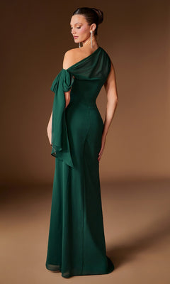 A woman stands facing away against a neutral background, wearing the Ladivine CH2612—a floor-length, dark green formal dress featuring a one-shoulder design, asymmetrical neckline, and bow detail.