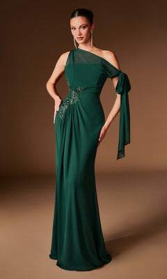 An elegant woman poses against a brown background wearing the Ladivine CH2612 Long Formal Dress in Emerald, featuring an asymmetrical neckline, beaded floral embellishment at the waist, and a long draped sleeve.