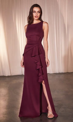 A woman stands indoors against light curtains wearing the Ladivine CH377, a sleeveless, floor-length burgundy prom dress with a drape front, side ruffle detail, and thigh-high slit—an elegant choice for formal occasions.