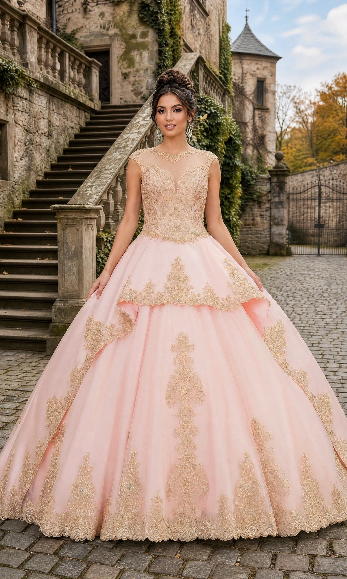 A woman wearing the Quinceanera Dress CHF3003 by Chicas in blush, featuring a voluminous ballgown skirt and ornate detailing, stands on cobblestone in front of a stone staircase and castle-like building.