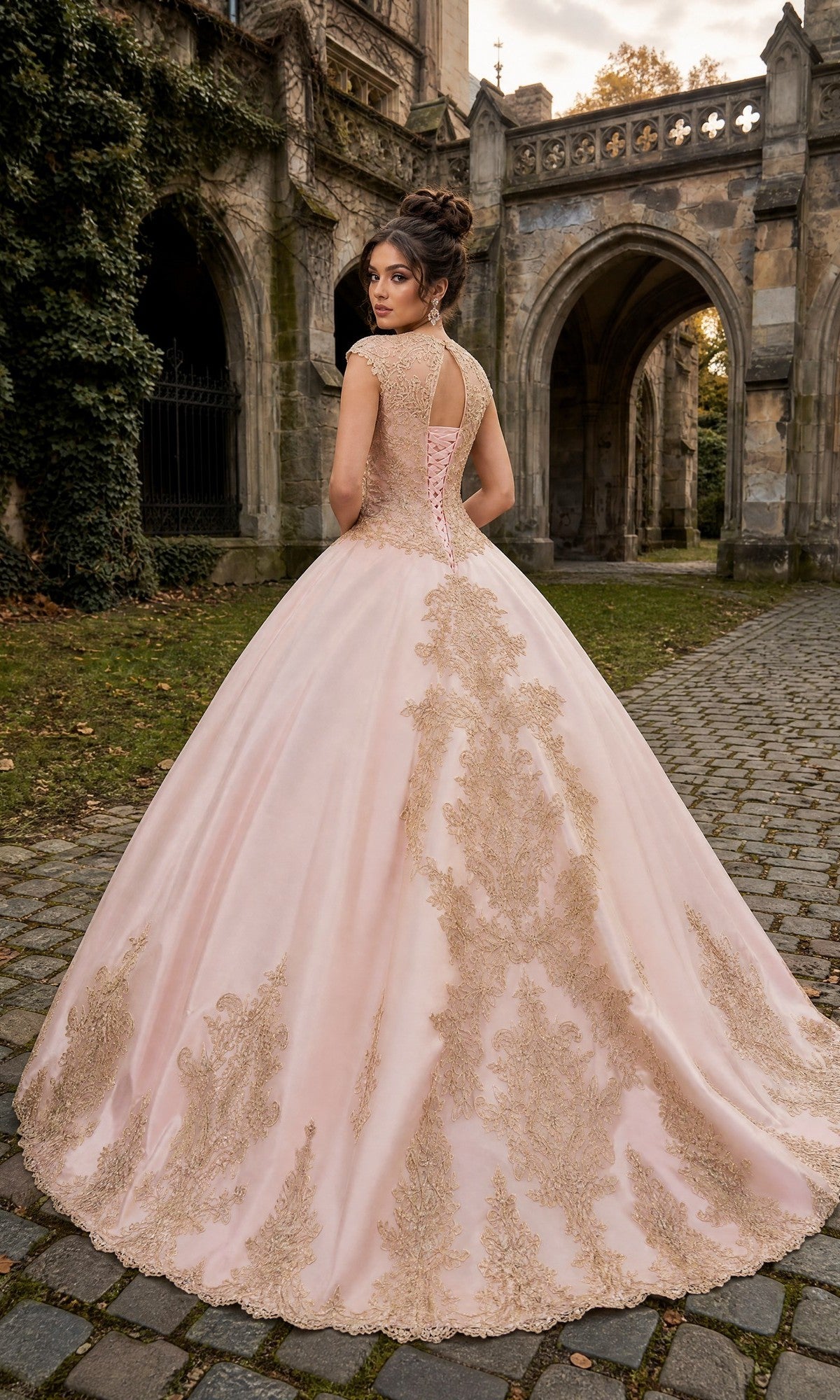 A woman stands on cobblestones outside a stone building, wearing the Quinceanera Dress CHF3003 By Chicas with gold embroidery and a full ballgown skirt, facing away but looking over her shoulder.